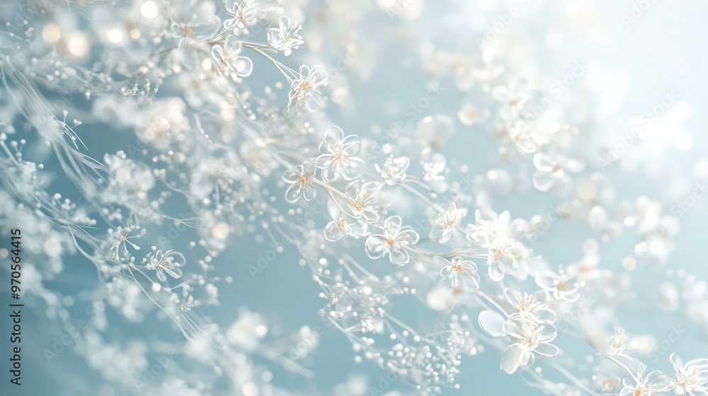 Poster tiny floral patterns forming swirling lines on a soft white-light blue backdrop, creating a dreamy a