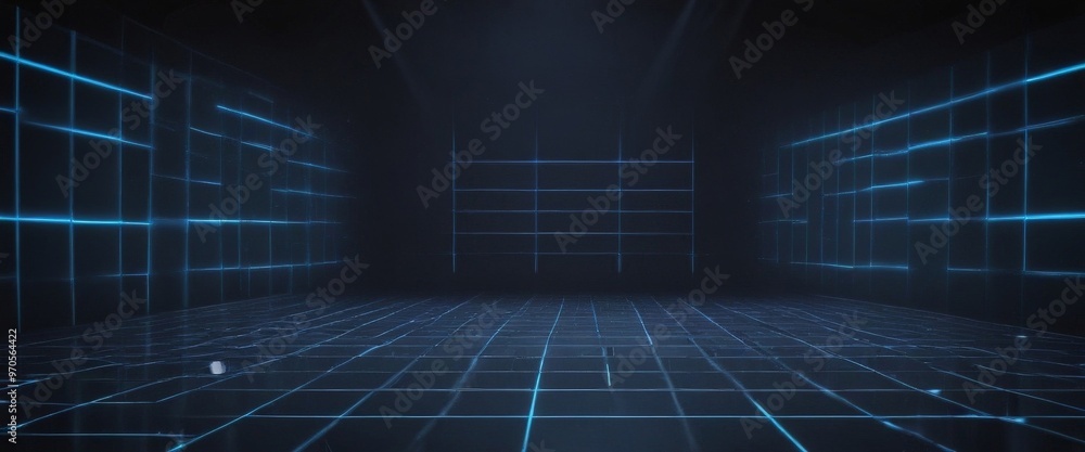 Aufkleber The image presents a futuristic, dimly lit room with a grid-like pattern of blue lines and glowing squares, creating a sense of depth and dimension.