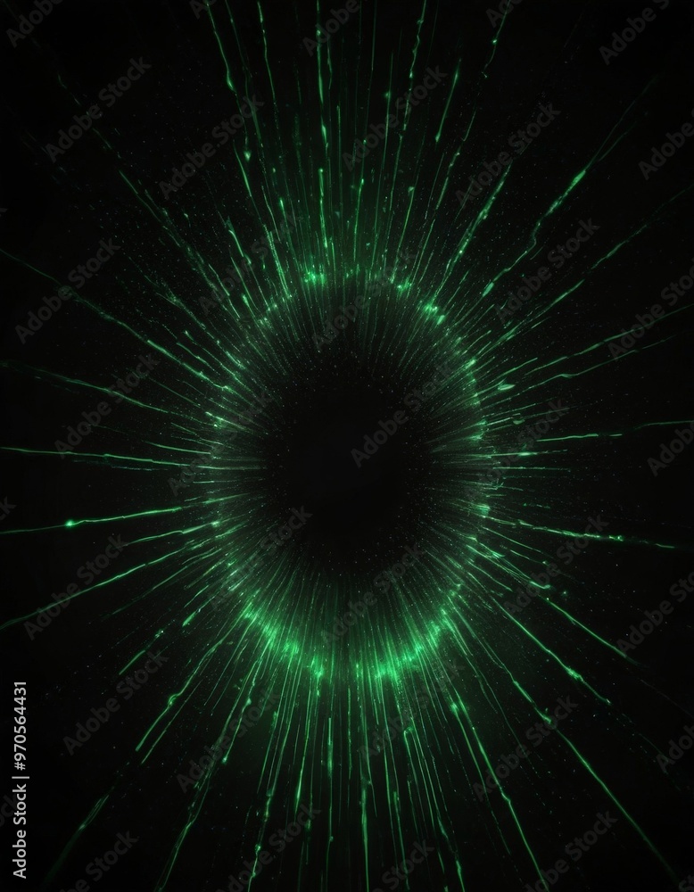 Fototapete A black background with a radiant green circular burst of light radiating outwards from a central point, creating a sense of depth and dimensionality.