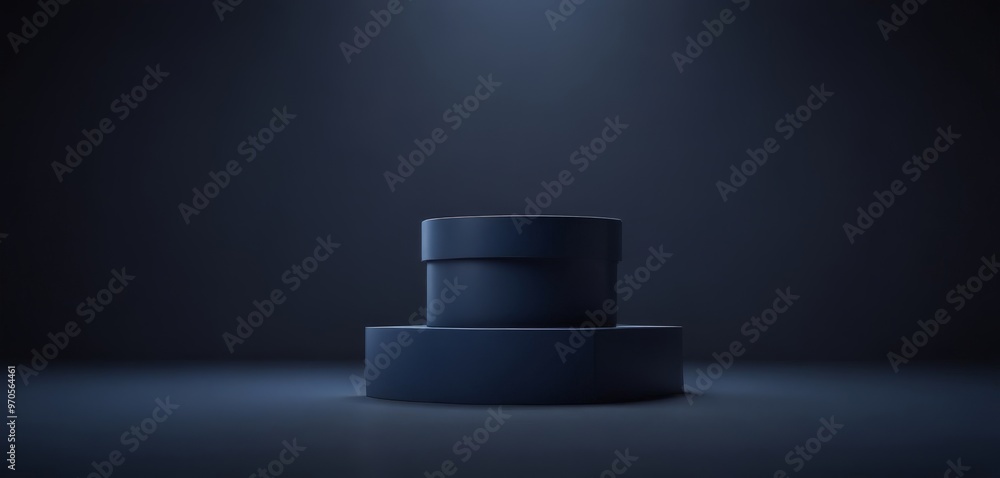 Poster a dark blue cylindrical object is placed on a pedestal, with a spotlight shining on it, creating a d