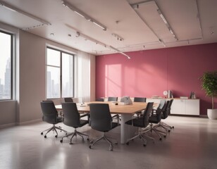 A modern conference room with a large wooden table surrounded by black office chairs, set against a pink wall and large windows overlooking a cityscape.