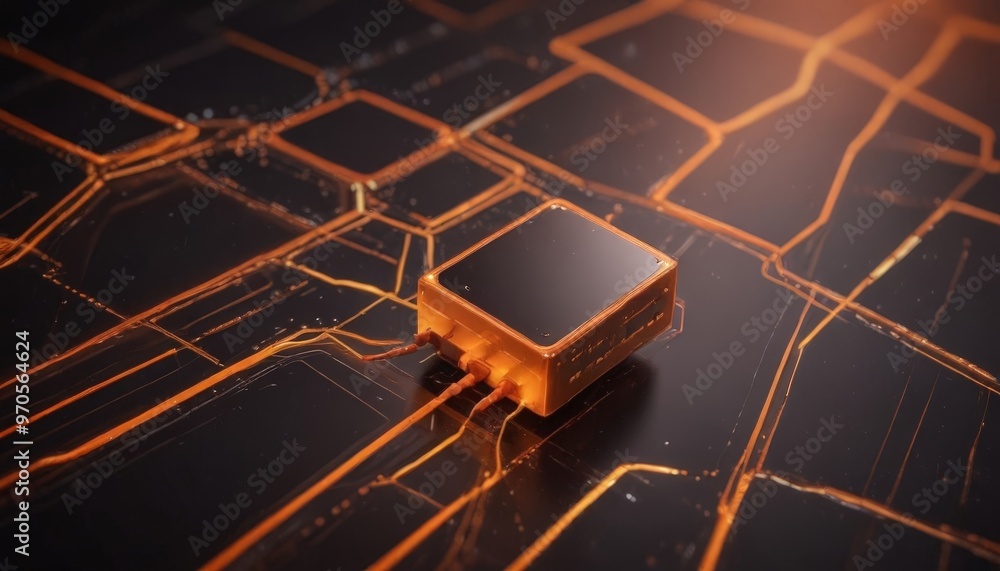 Aufkleber A 3D of a metallic object with a square shape, surrounded by a network of orange lines and a glowing orange background.