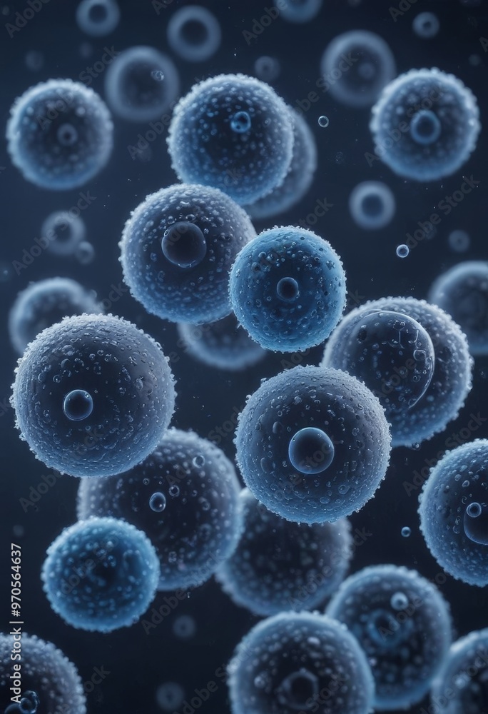 Aufkleber The image presents a close-up view of numerous spherical cells, each with a unique pattern of bumps and ridges, set against a dark background. The cells are arranged in