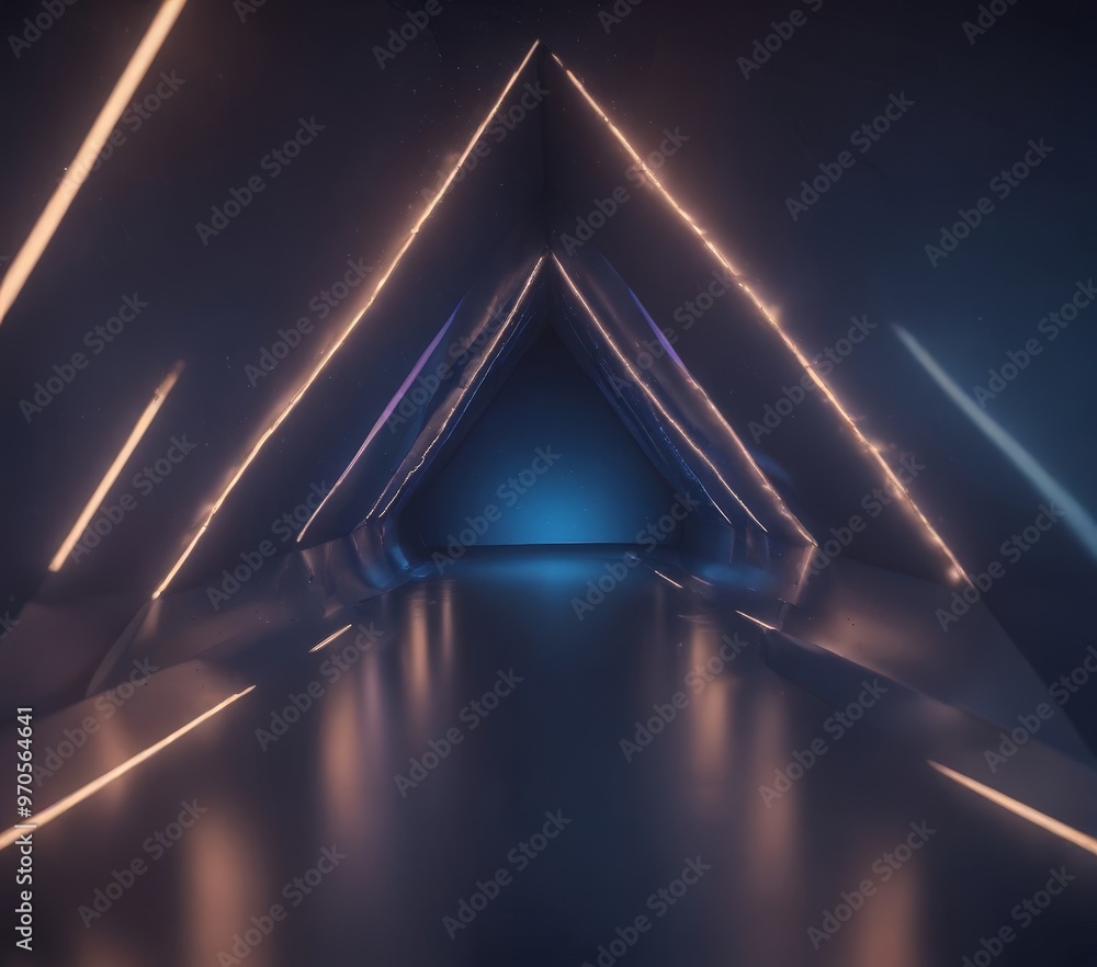 Poster A futuristic corridor with a triangular light pattern, featuring a blue glow at the end and a gradient of orange and white lights.