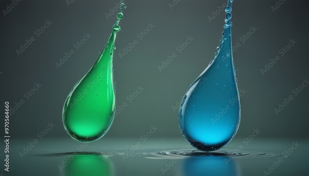 Poster two water droplets, one green and one blue, are captured in mid-air against a dark background, creat