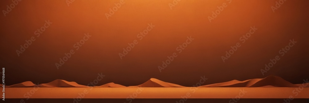 Poster a minimalist scene with a gradient background transitioning from a warm orange at the top to a cool blue at the bottom. The central focus is a flat surface with a series