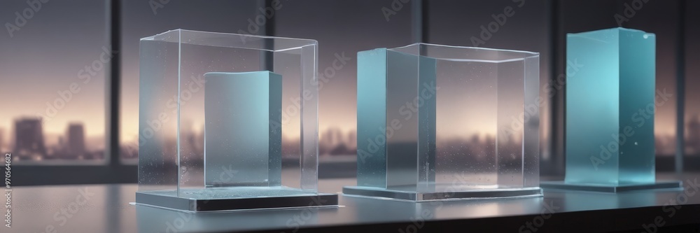 Poster Three transparent glass containers of varying sizes are arranged on a dark surface, with a cityscape visible through a window in the background.