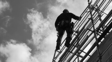 Construction Worker Ascending Scaffolding Against a Cloudy Sky