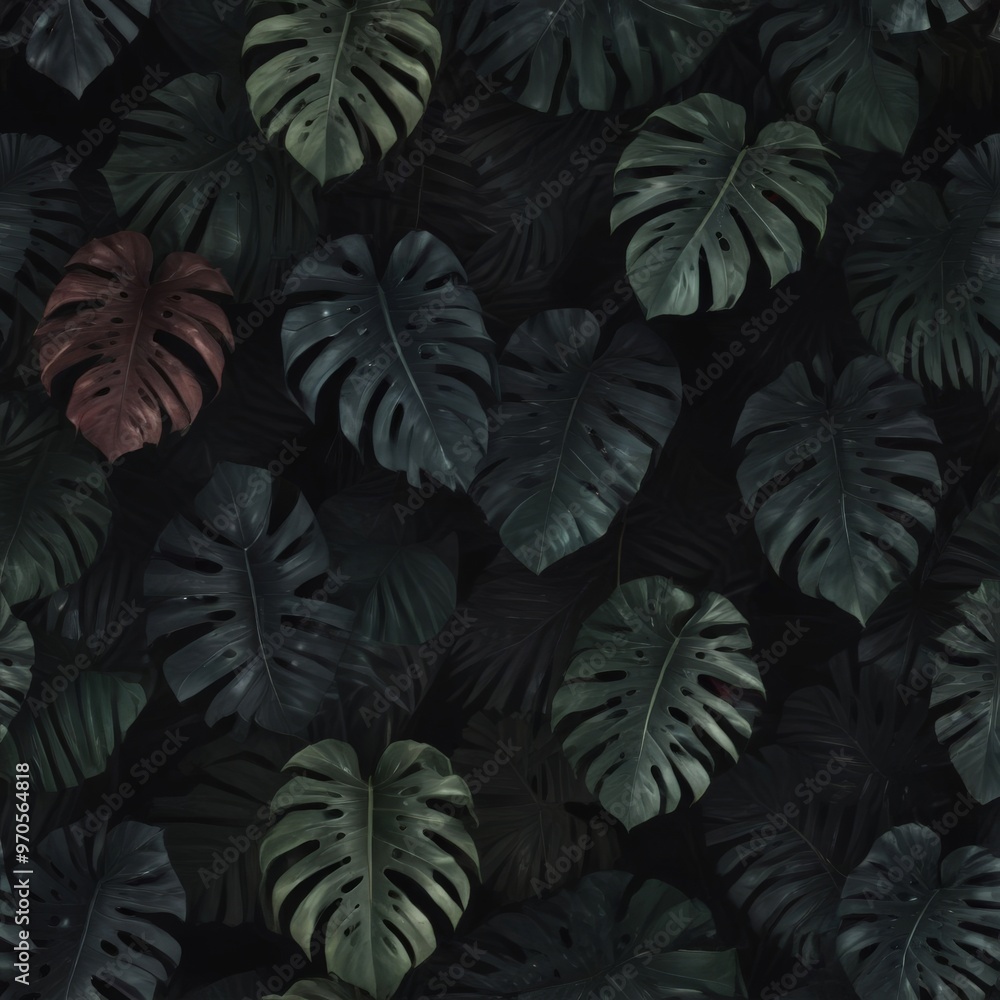 Poster a seamless pattern of dark green leaves with large holes, arranged in a random, overlapping manner a