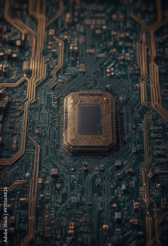 Aufkleber A close-up view of a circuit board with a central CPU chip surrounded by intricate gold and black circuit traces.