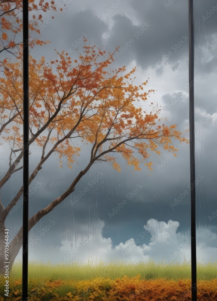 Aufkleber A tree with orange leaves stands against a backdrop of a cloudy sky, partially obscured by a window frame.