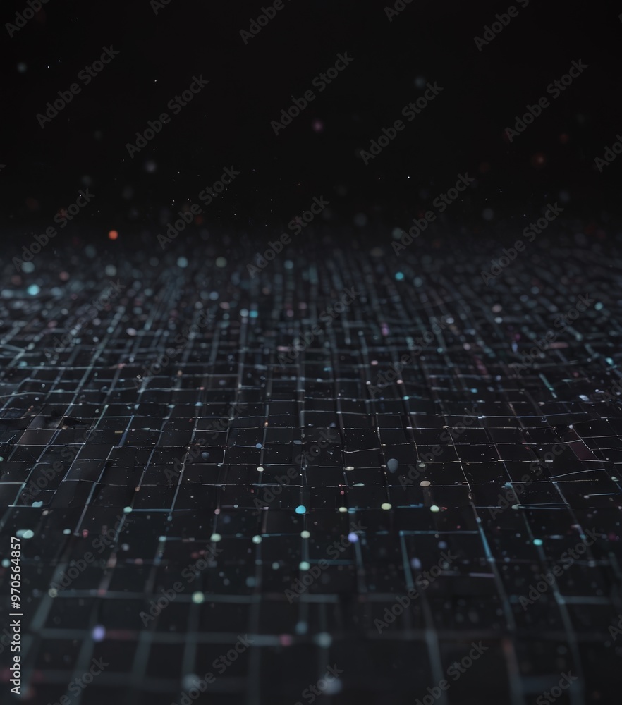 Fototapete a close-up view of a dark, grid-like pattern of small, multicolored dots or particles, creating a sense of depth and dimensionality.