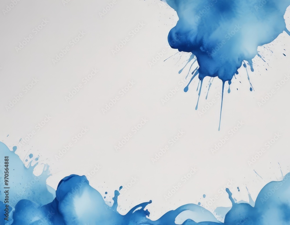 Poster a white background with splashes of blue paint, creating an abstract and dynamic composition.
