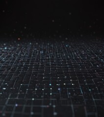 Fototapeta premium a close-up view of a dark, grid-like pattern of small, multicolored dots or particles, creating a sense of depth and dimensionality.