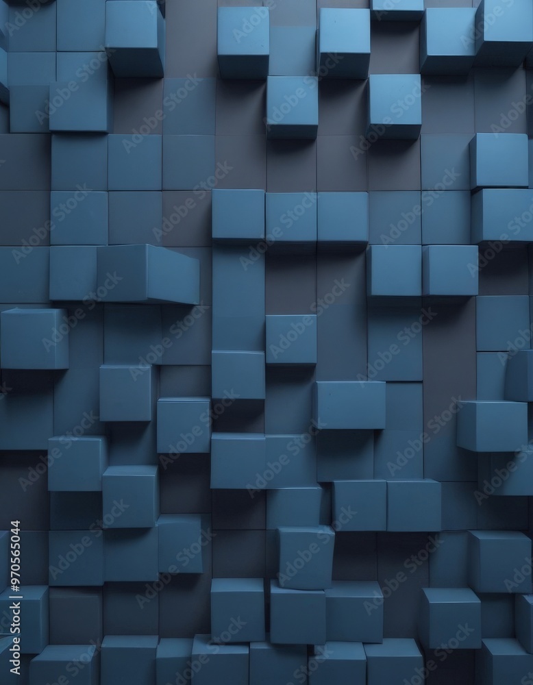 Poster A 3D of a dark blue geometric pattern composed of numerous cubes arranged in a grid-like fashion, creating a visually striking and abstract background.