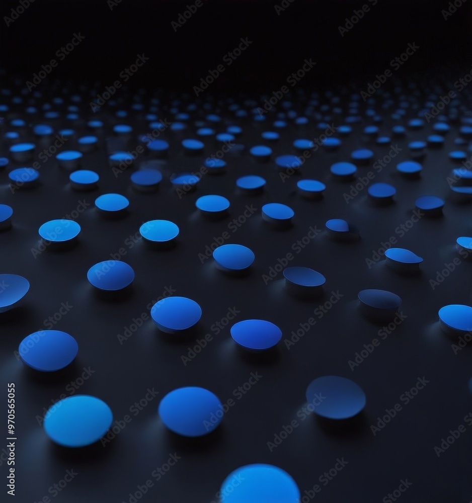 Poster a close-up view of a dark background with numerous small blue circles arranged in a grid-like pattern, creating a visually striking and abstract composition.