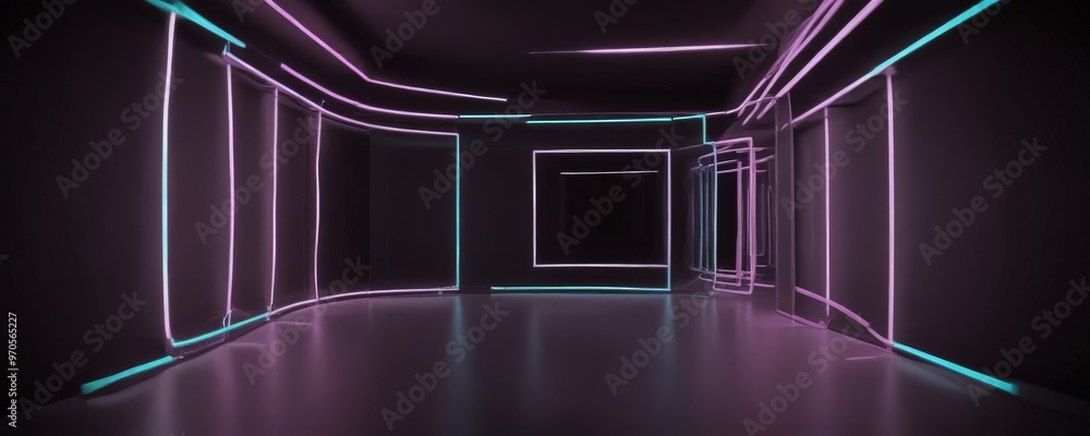 Poster a long, dimly lit corridor with a series of curved lines and a central rectangular opening, illumina