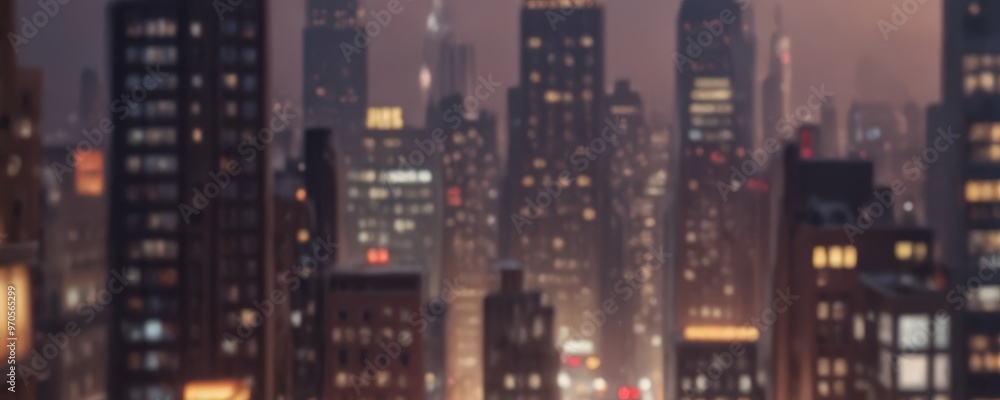 Poster a nighttime cityscape with tall buildings and illuminated windows, creating a hazy, atmospheric effe
