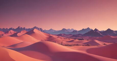 A breathtaking desert landscape at sunset, with a gradient of pink and purple hues, and silhouetted mountains in the distance.