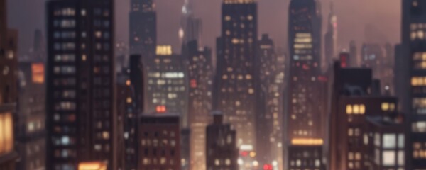 A nighttime cityscape with tall buildings and illuminated windows, creating a hazy, atmospheric effect.