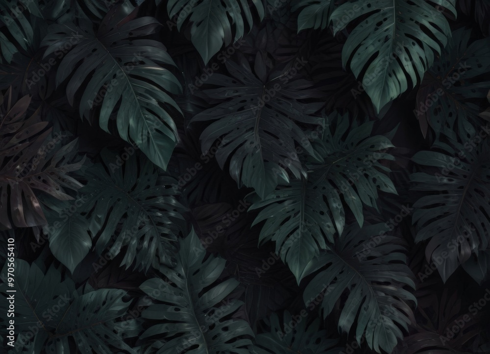 Poster a dense, dark green pattern of large leaves, creating a sense of depth and texture. The leaves are arranged in a repeating pattern, with some overlapping and others