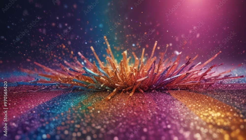 Poster a vibrant, abstract explosion of multicolored, glittering particles against a dark background, creat