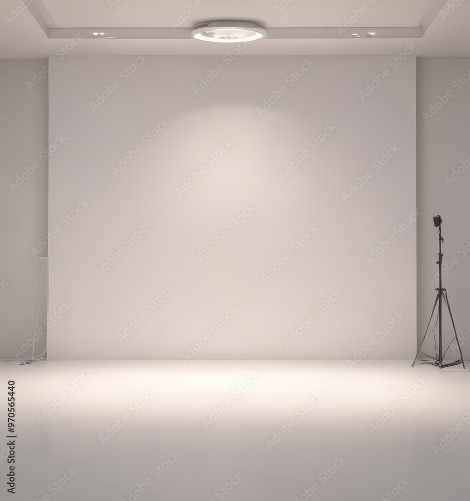 Poster A minimalist studio setup with a large white wall, a circular light fixture, and a tripod on the right side.