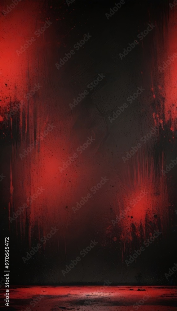 Poster a dark, moody scene with a red and black color scheme. the background is filled with splatters of re