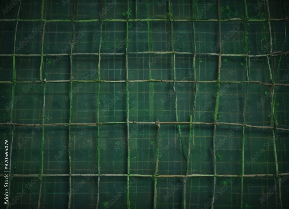 Poster a close-up view of a green wire mesh with a grid-like pattern, creating a textured and intricate visual effect.