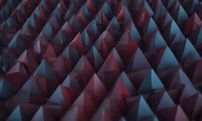 a close-up view of a geometric pattern composed of numerous overlapping triangular shapes in various shades of red and blue.