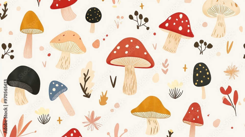 Poster playful mushroom pattern with textured doodles for wrapping paper or background designs.