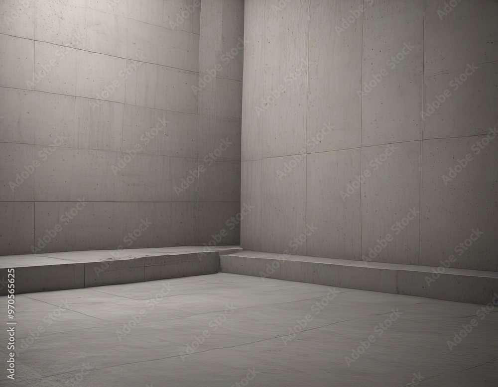Poster a minimalist image of a concrete room with a low wall, a bench, and a tiled floor.