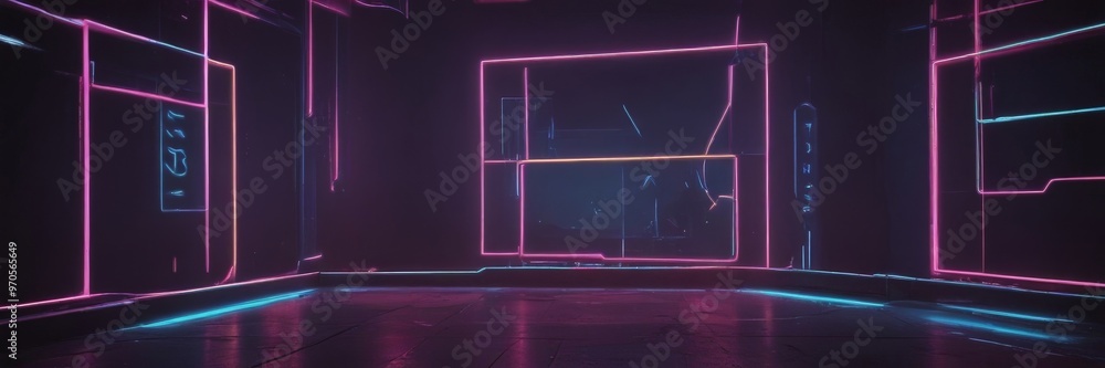 Poster a futuristic room with a dark, neon-lit interior. the walls are adorned with glowing pink and blue l