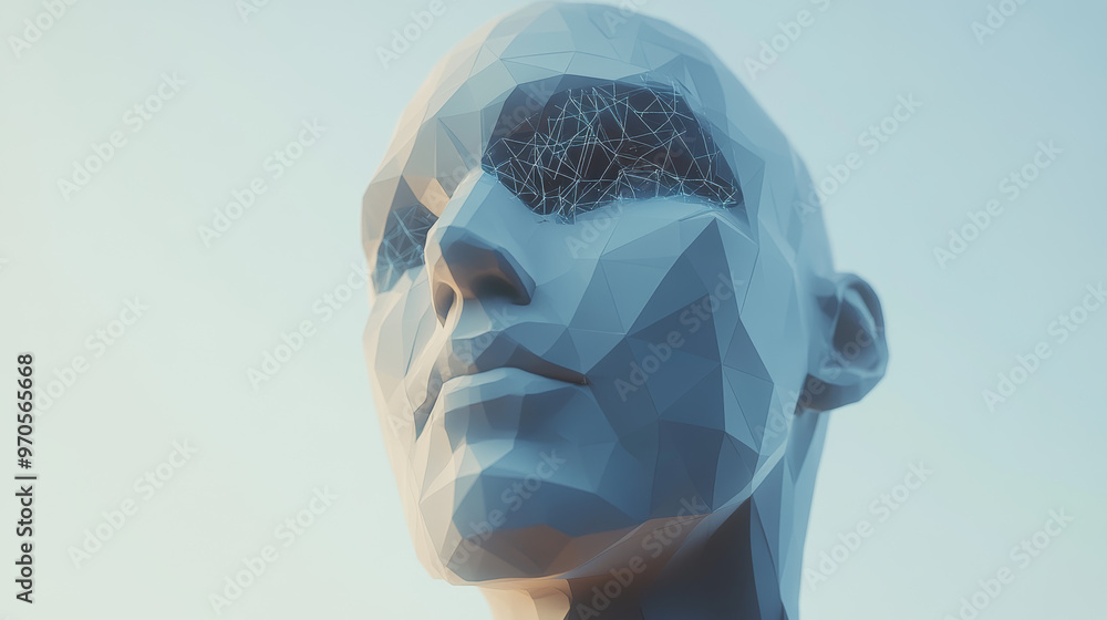 Poster low poly humanoid head powered by artificial intelligence.the ai has a digital brain that processes 
