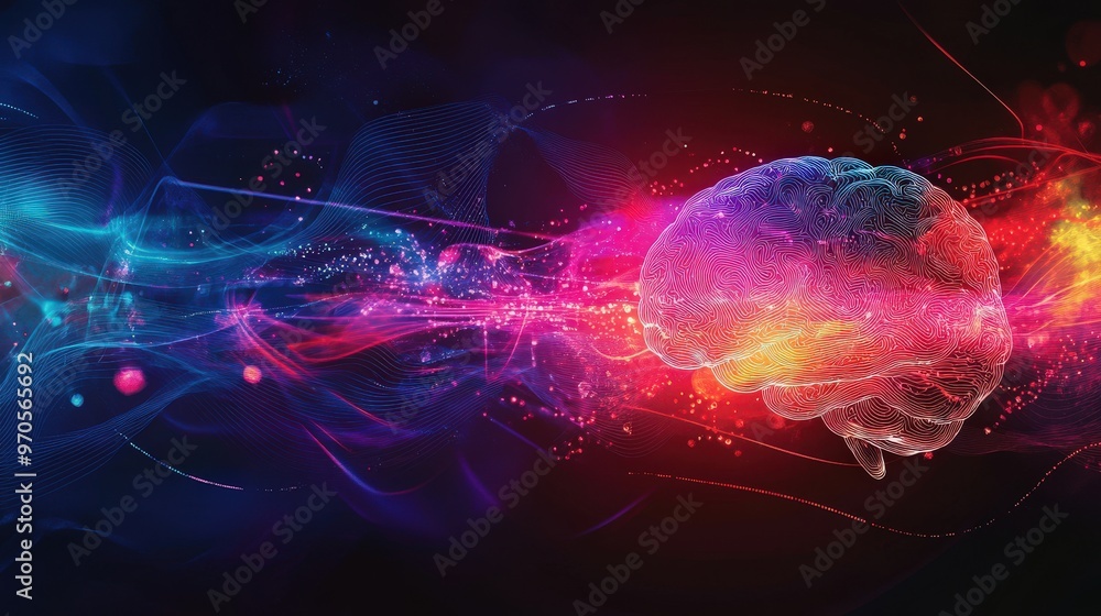 Poster creative representation of brain waves interacting with external stimuli, such as light or sound