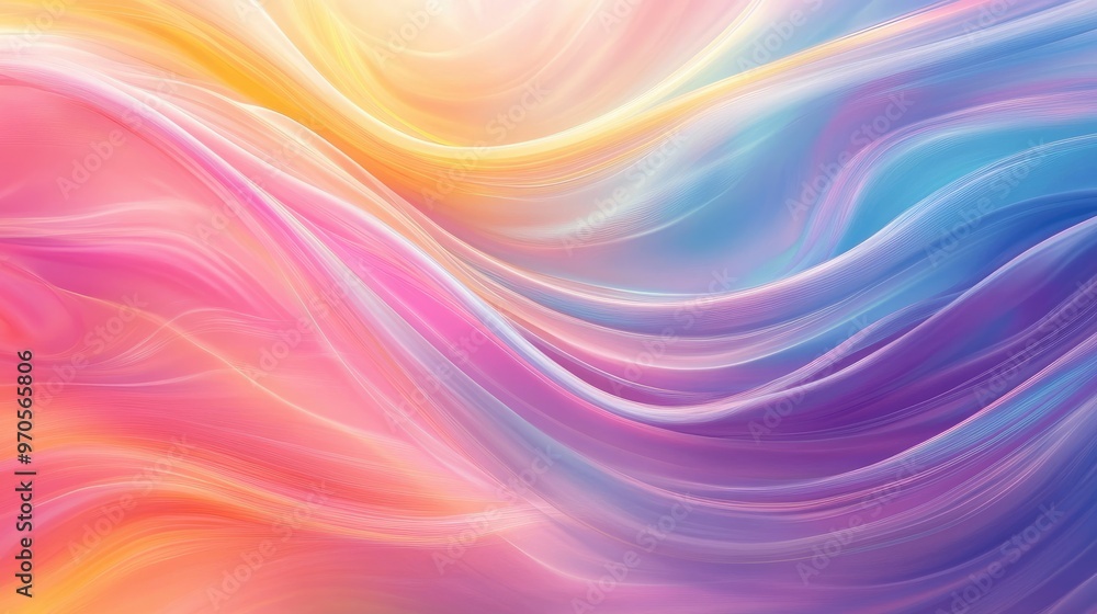 Poster vibrant rainbow-colored swirls flowing dynamically on a soft pastel background, creating a dreamy an