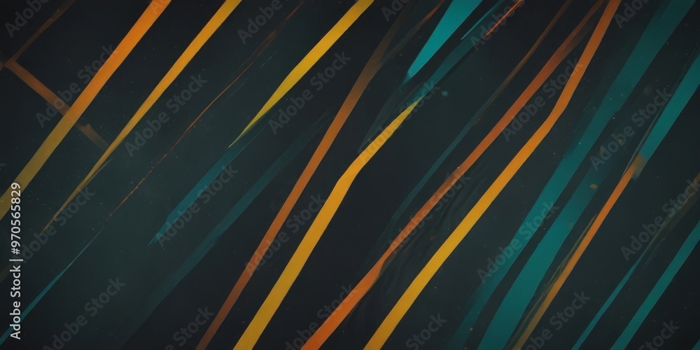 Poster a diagonal pattern of intersecting lines in various shades of orange, yellow, and green against a dark background.