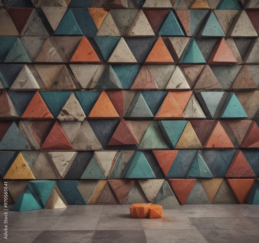 Poster A vibrant geometric pattern of overlapping triangular shapes in various colors, including shades of orange, green, blue, and brown, creates a visually striking and textured wall.