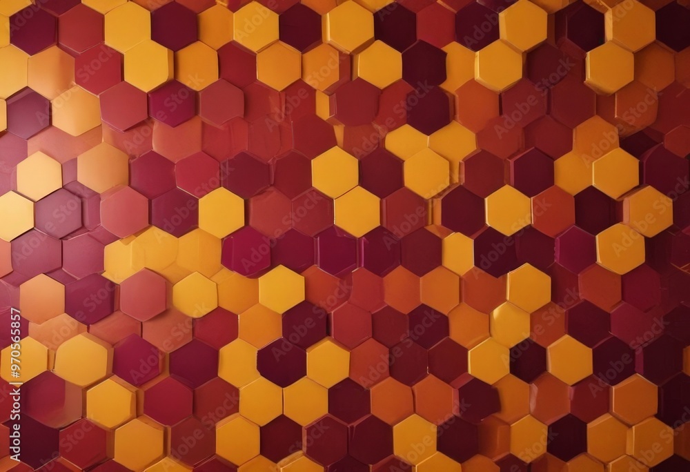 Poster a repeating pattern of hexagonal tiles in various shades of red, orange, and yellow, creating a visu