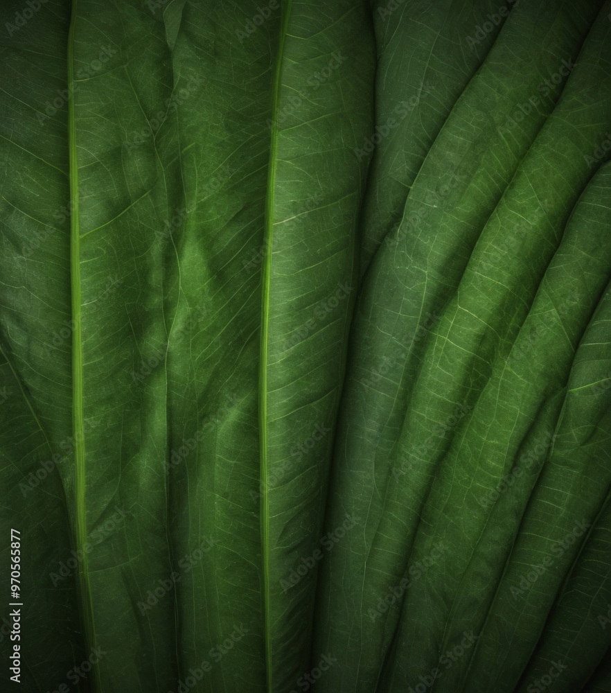 Aufkleber Close-up of a large green leaf with a textured surface, featuring a pattern of veins and a dark green hue.
