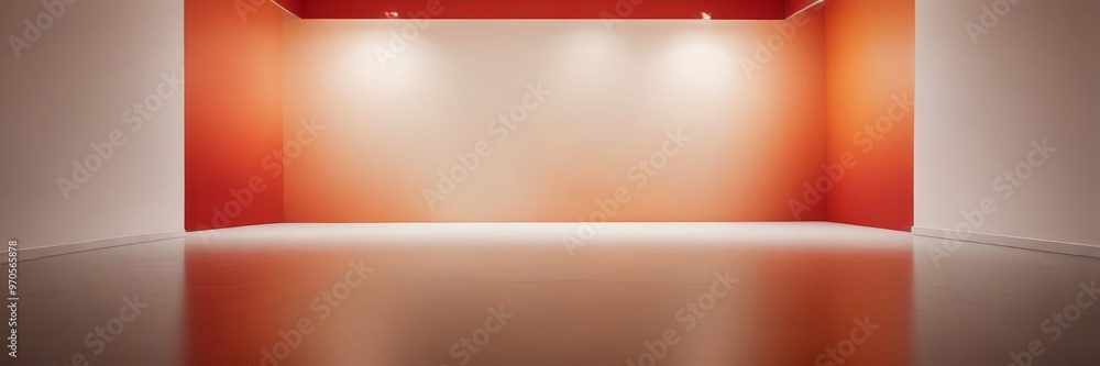 Poster an empty room with a white floor and walls, featuring two walls painted in a warm orange color and a