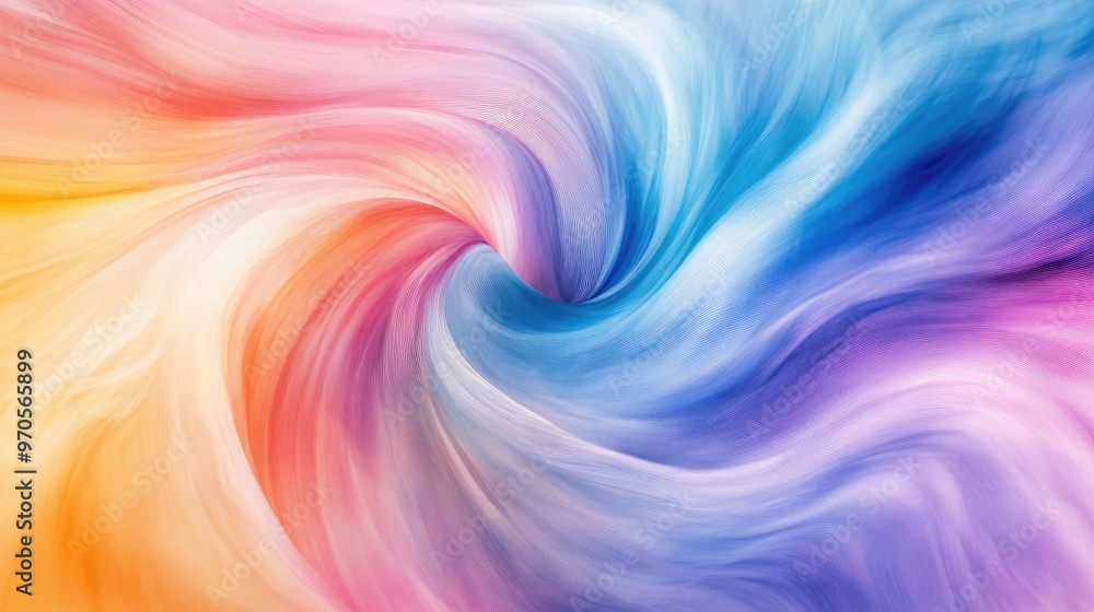 Poster vibrant rainbow-colored swirls flowing dynamically on a soft pastel background, creating a dreamy an