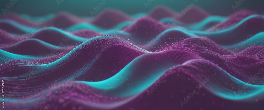 Poster The image presents a digital art piece featuring a wave-like pattern with a gradient of purple and blue colors, creating a sense of movement and depth.