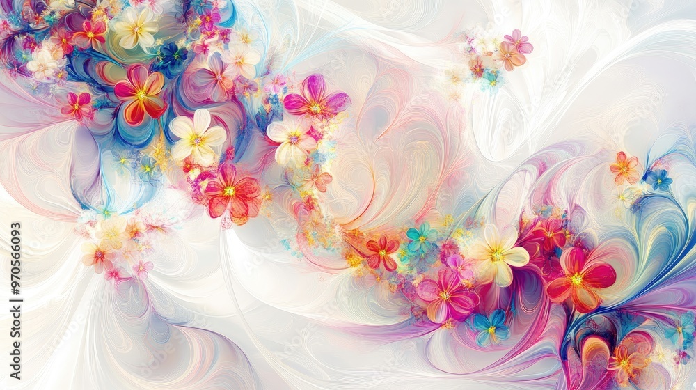 Poster vibrant swirling lines of tiny colorful floral patterns on a dynamic white-pastel background, creati