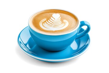 latte coffee with art in blue ceramic cup isolated on white background