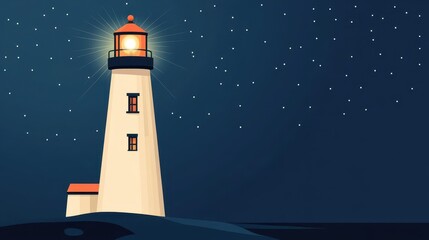 A colorful illustration of a lighthouse shining bright at night, guiding the way, lighthouse, night, guiding