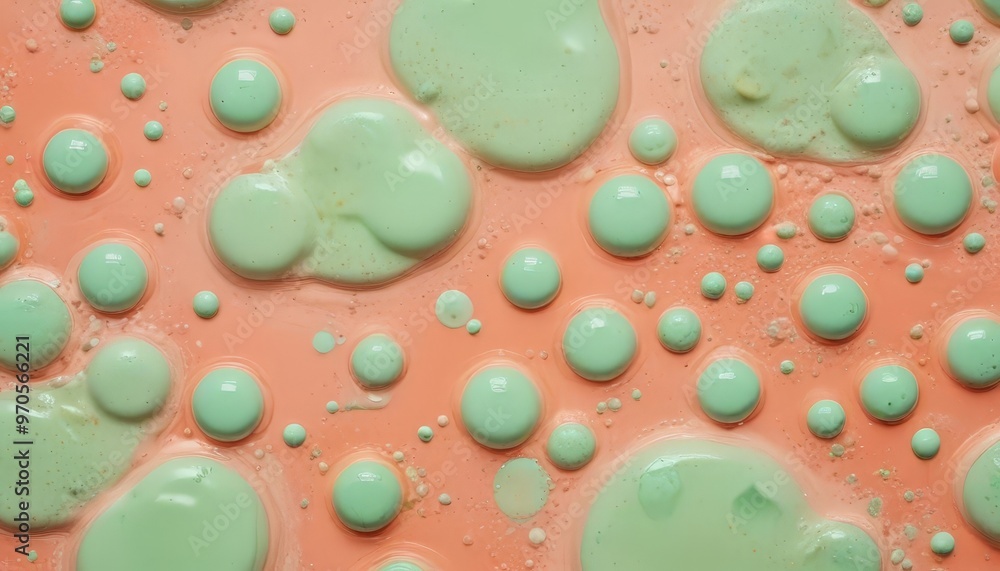 Leinwandbilder A close-up view of a textured surface with green and orange paint droplets scattered across it, creating a visually interesting abstract pattern.
