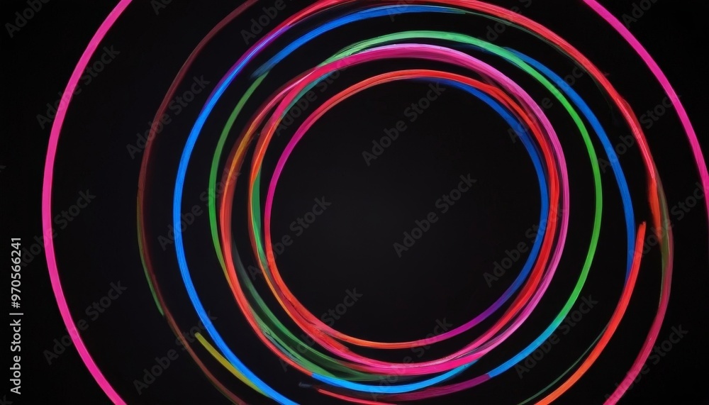 Poster A vibrant display of neon-colored circles, each with a unique color, creates a mesmerizing spiral pattern against a dark background.