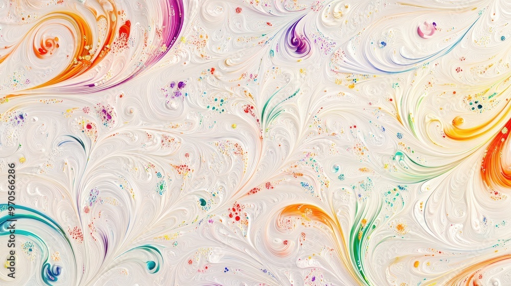 Poster vibrant swirling lines of tiny colorful floral patterns on a dynamic white-pastel background, creati