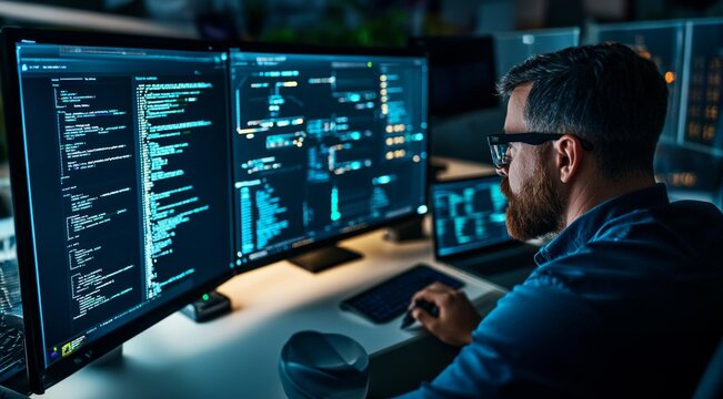 Engineer remotely diagnosing a network issue in real-time, dark mode screens, intense focus, ensuring continuous operations